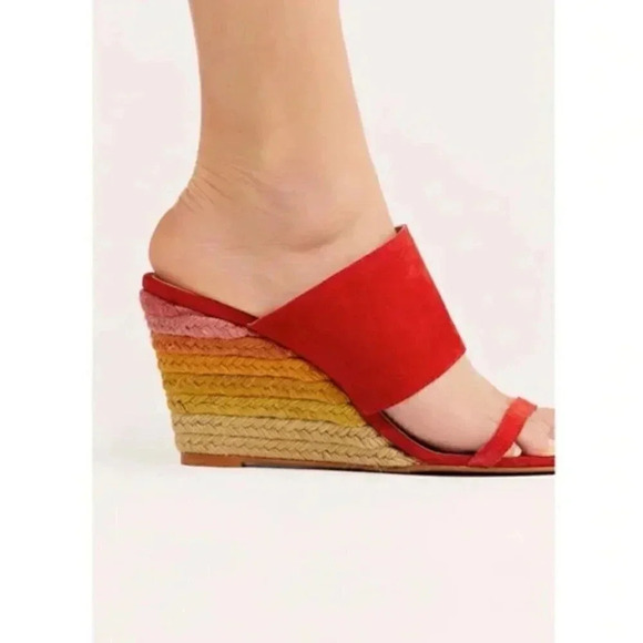 Free People Glorieta Red Suede Leather Espadrille Wedges Rainbow Ombre Size 37 - Picture 3 of 11